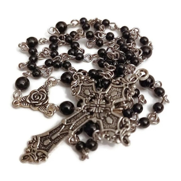Gothic Victorian Black & Silver Rosary HAND MADE by Vexed Jewelry Goth Necklace - Picture 3 of 4